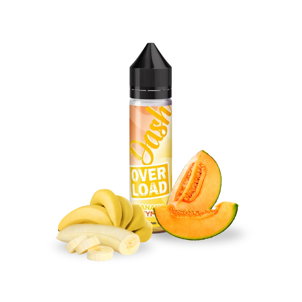 Dash Overload Banana Honeymelon Liquid – Cremig-fruchtiges E-Liquid mit dem Geschmack von reifer Banane und süßer Honigmelone. Sanft, vollmundig und harmonisch im Aroma – ideal für Liebhaber tropisch-süßer Geschmacksrichtungen. Produktflasche vor hellem, neutralem Hintergrund, perfekt für die Präsentation im Onlineshop.