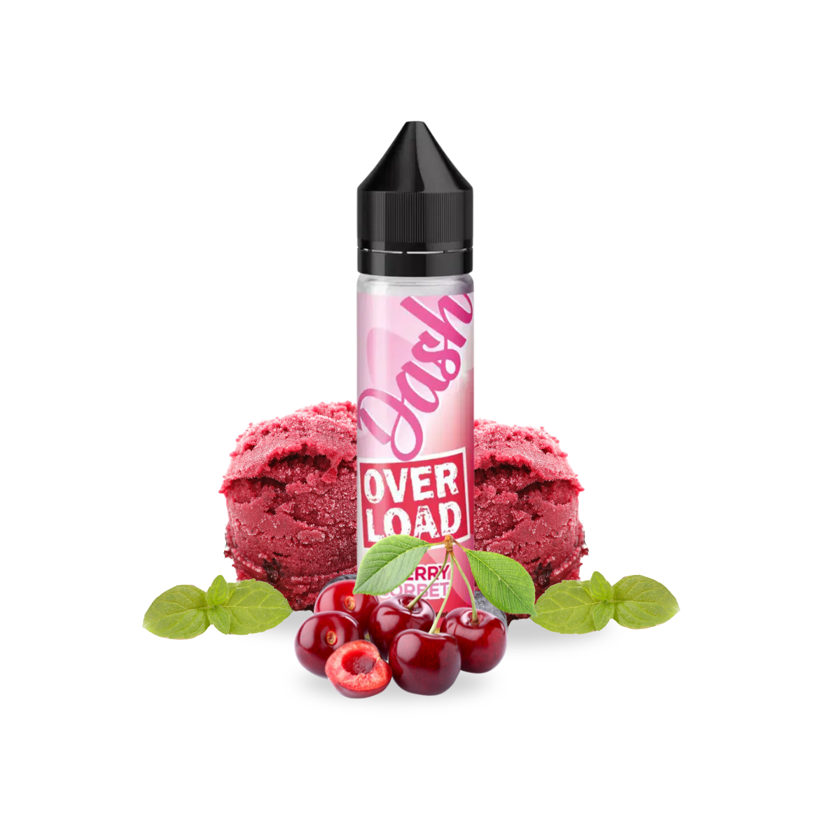 Dash Overload Cherry Sorbet Liquid – Fruchtig-erfrischendes E-Liquid mit dem Geschmack von reifen Kirschen und einer cremig-süßen Sorbetnote. Leicht, aromatisch und perfekt ausgewogen – ideal für Liebhaber sommerlich-fruchtiger Dessertaromen. Produktflasche vor hellem, neutralem Hintergrund, optimiert für Onlineshop-Darstellungen.