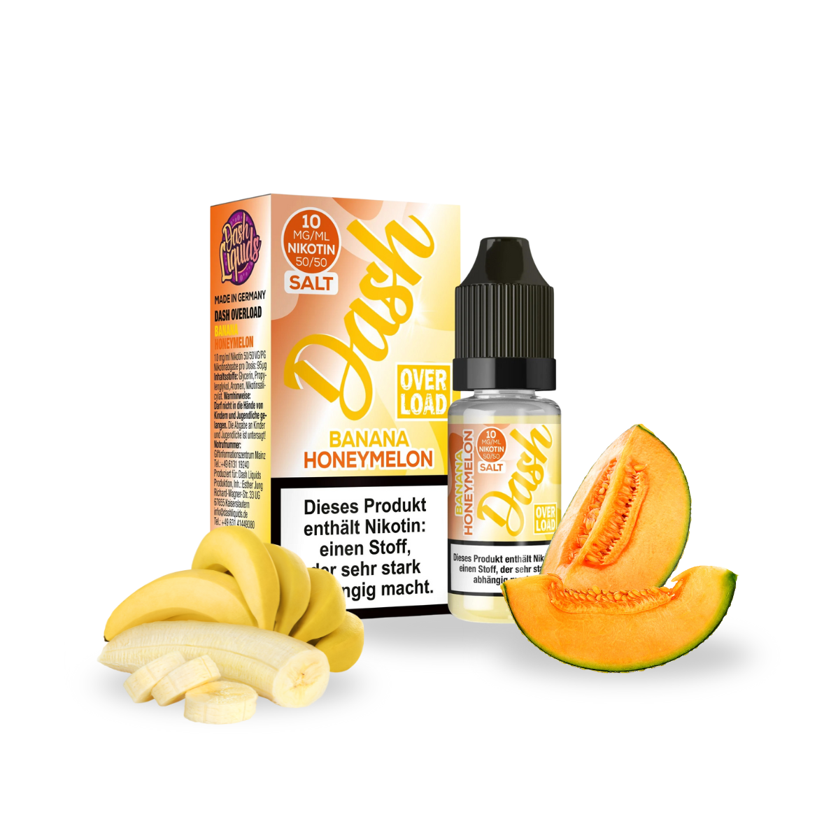 Dash Overload Banana Honeymelon Liquid – Cremig-fruchtiges E-Liquid mit dem Geschmack von reifer Banane und süßer Honigmelone. Sanft, vollmundig und harmonisch im Aroma – ideal für Liebhaber tropisch-süßer Geschmacksrichtungen. Produktflasche vor hellem, neutralem Hintergrund, perfekt für die Präsentation im Onlineshop.