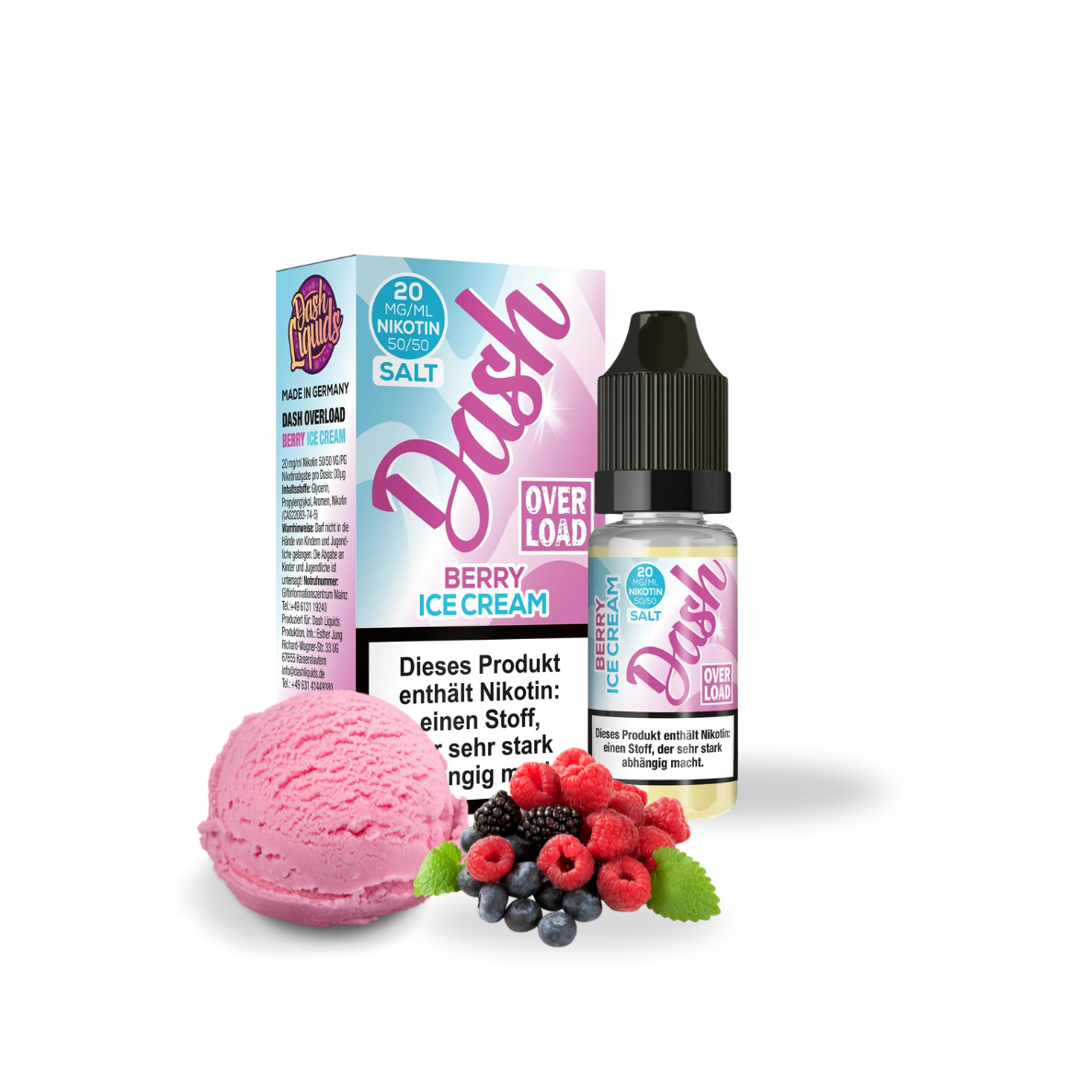 Dash Overload Berry Ice Cream Liquid – Cremig-fruchtiges E-Liquid mit dem Geschmack verschiedener Beeren und einer süßen, sahnigen Eiscremenote. Vollmundig, erfrischend und perfekt für Dessertliebhaber. Produktflasche vor hellem, neutralem Hintergrund – ideal für Onlineshop-Produktdarstellungen.