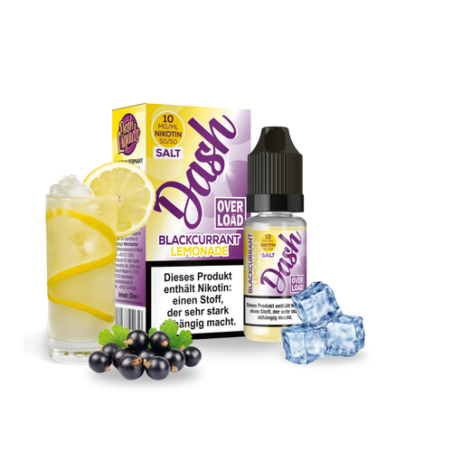 Dash Overload Blackcurrant Lemonade Liquid – Fruchtiges E-Liquid mit intensivem Geschmack von süßen schwarzen Johannisbeeren und spritziger Zitronenlimonade. Perfekt ausbalanciert für ein erfrischend-beeriges Dampferlebnis. Flasche vor neutralem Hintergrund, ideal für Produktdarstellung im Onlineshop.