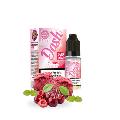 Dash Overload Cherry Sorbet Liquid – Fruchtig-erfrischendes E-Liquid mit dem Geschmack von reifen Kirschen und einer cremig-süßen Sorbetnote. Leicht, aromatisch und perfekt ausgewogen – ideal für Liebhaber sommerlich-fruchtiger Dessertaromen. Produktflasche vor hellem, neutralem Hintergrund, optimiert für Onlineshop-Darstellungen.