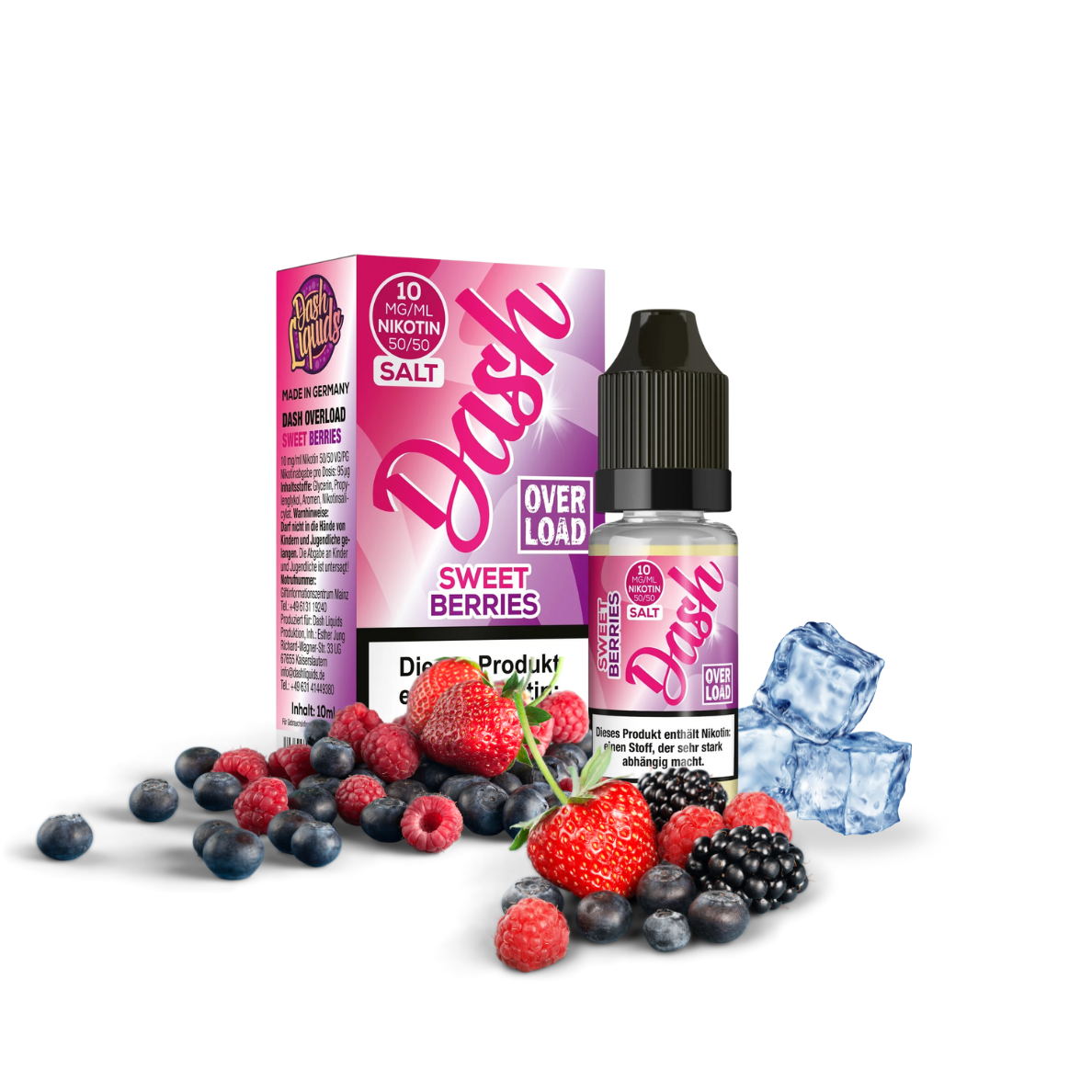Dash Overload Sweet Berries Liquid – Intensiv-fruchtiges E-Liquid mit dem Geschmack verschiedener süßer Beeren. Vollmundig, saftig und harmonisch im Aroma – perfekt für Liebhaber klassischer Fruchtmischungen. Produktflasche vor hellem Hintergrund, ideal für die Präsentation im Onlineshop.