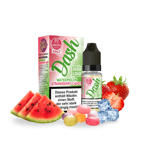 Dash Overload Watermelon Strawberry Candy Liquid – Süß-fruchtiges E-Liquid mit dem Geschmack von Wassermelone, Erdbeere und einer feinen Candy-Note. Saftig, aromatisch und angenehm süß – perfekt für Fans verspielter Fruchtaromen. Produktflasche vor hellem Hintergrund, ideal für die Präsentation im Onlineshop.