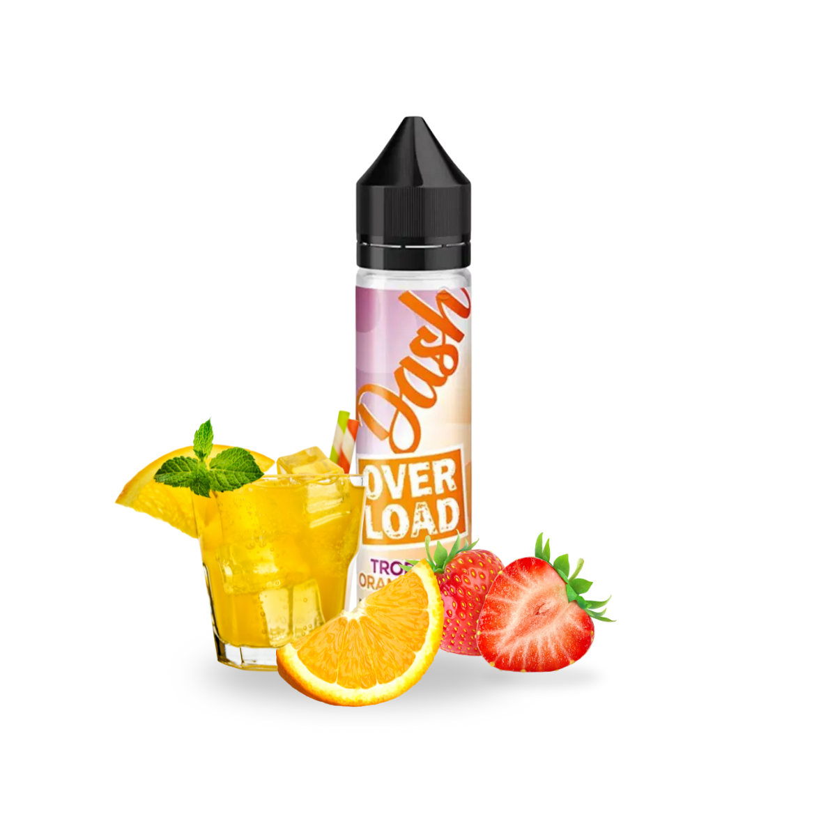 Dash Overload Tropical Orange Soda Liquid – Spritzig-fruchtiges E-Liquid mit Orangensoda, tropischen Früchten und einer süßen Note von Erdbeere. Erfrischend, lebendig und perfekt ausbalanciert – ideal für ein sommerliches Dampferlebnis. Produktflasche vor hellem Hintergrund, optimiert für die Darstellung im Onlineshop.