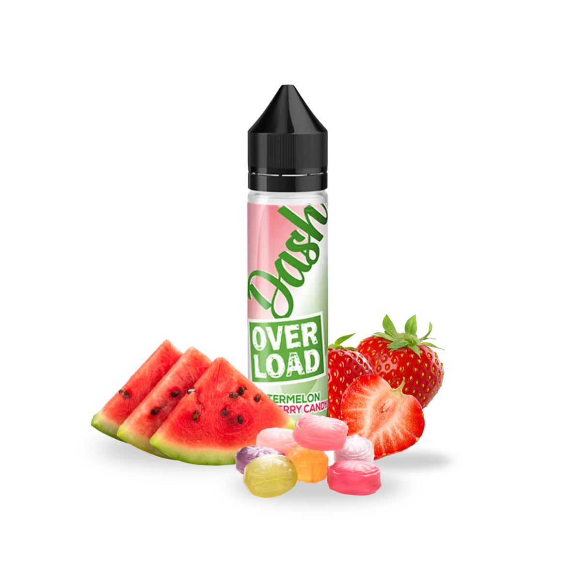 Dash Overload Watermelon Strawberry Candy Liquid – Süß-fruchtiges E-Liquid mit dem Geschmack von Wassermelone, Erdbeere und einer feinen Candy-Note. Saftig, aromatisch und angenehm süß – perfekt für Fans verspielter Fruchtaromen. Produktflasche vor hellem Hintergrund, ideal für die Präsentation im Onlineshop.